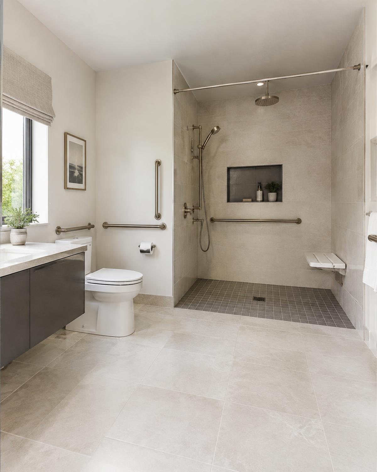 Illustrative image: an accessible bathroom with a curbless shower