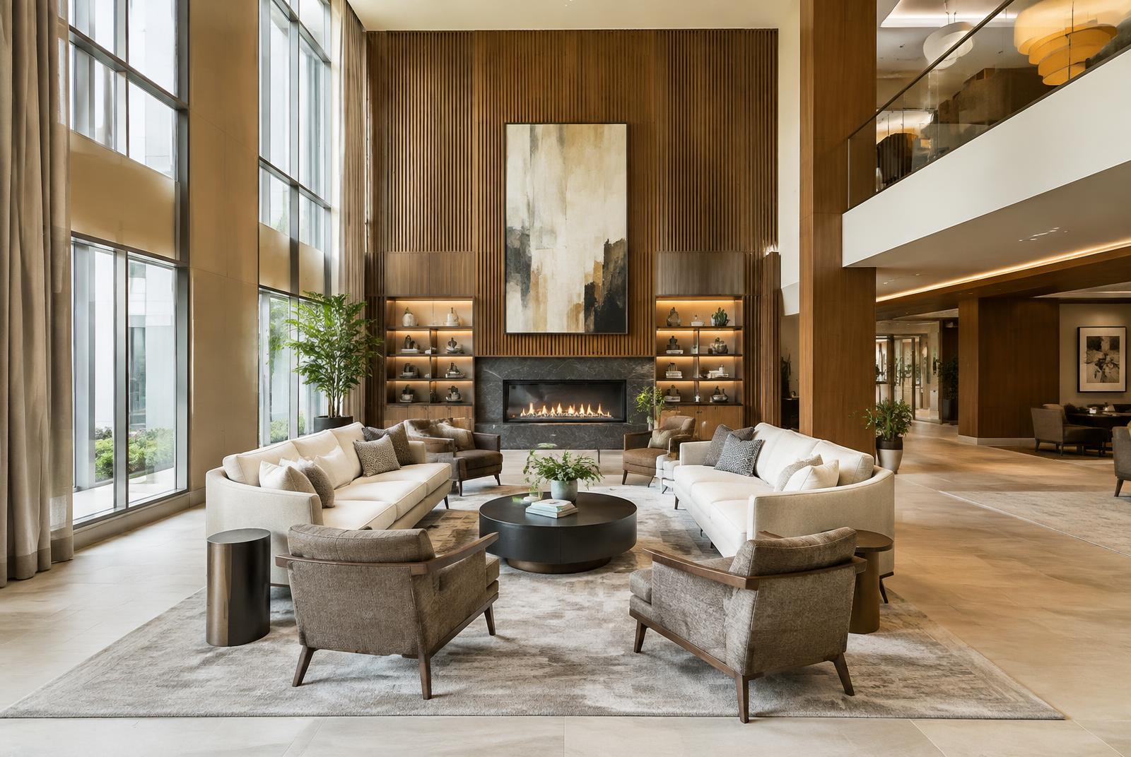 Illustrative image: an elegant senior living common lounge
