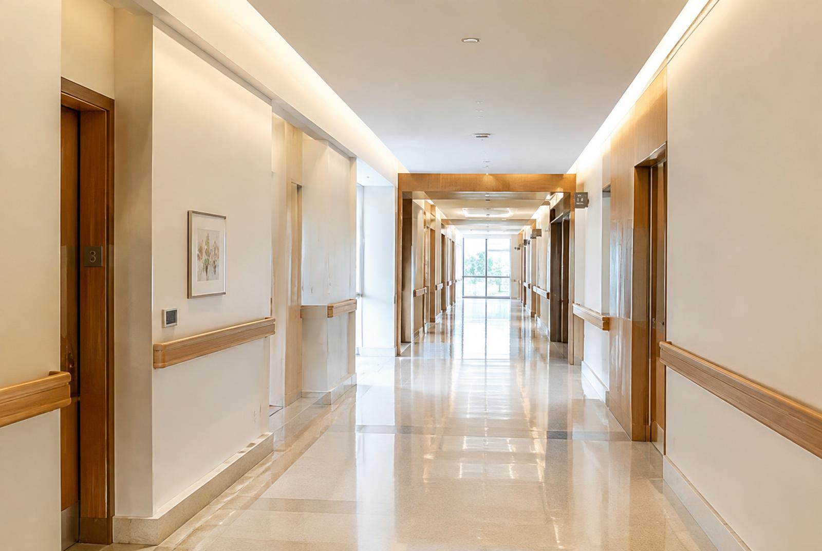 Illustrative image: a well-lit facility corridor with handrails